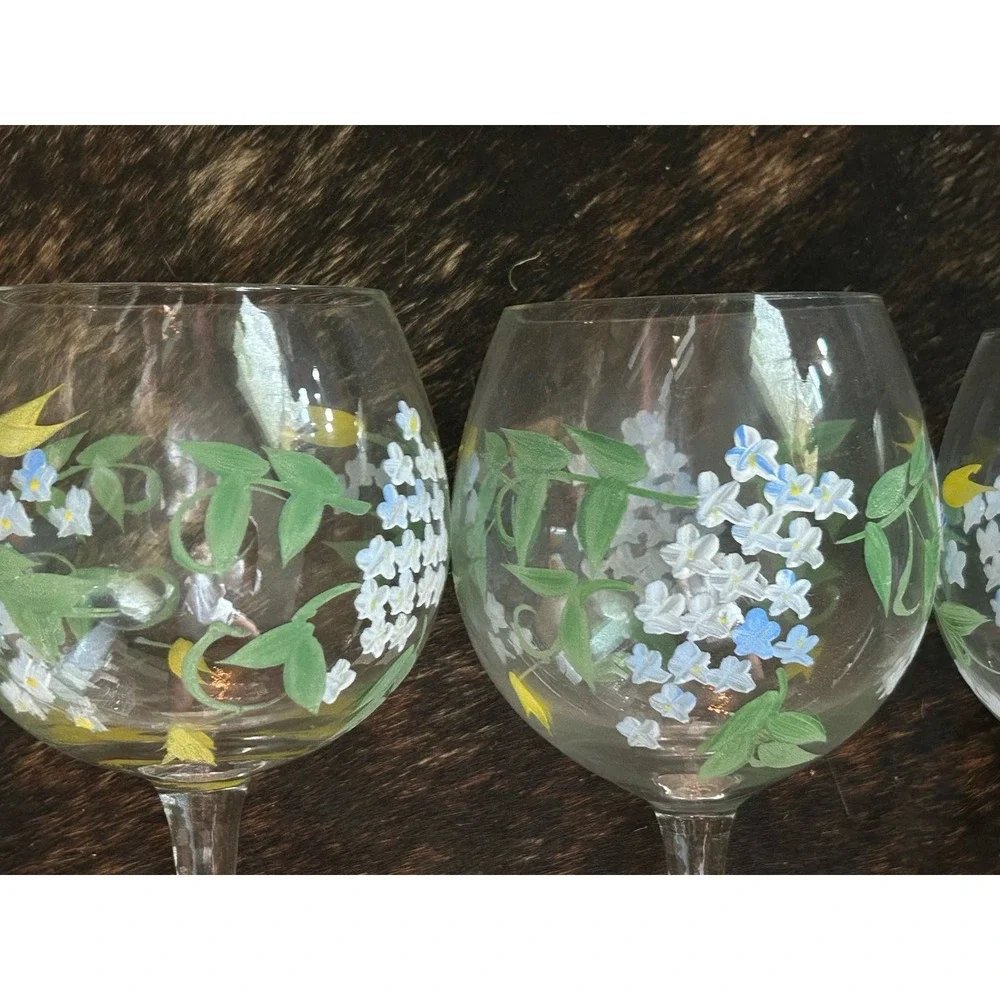 4 Hand Painted Wine Glasses Multicolor Floral 8.5